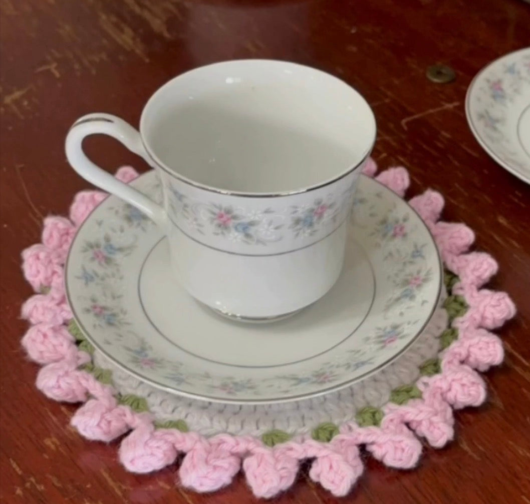 Hand Crochet Rose Bouquet Doily with China Cup & Saucer