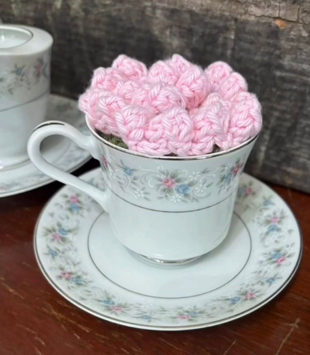 Hand Crochet Rose Bouquet Doily with China Cup & Saucer
