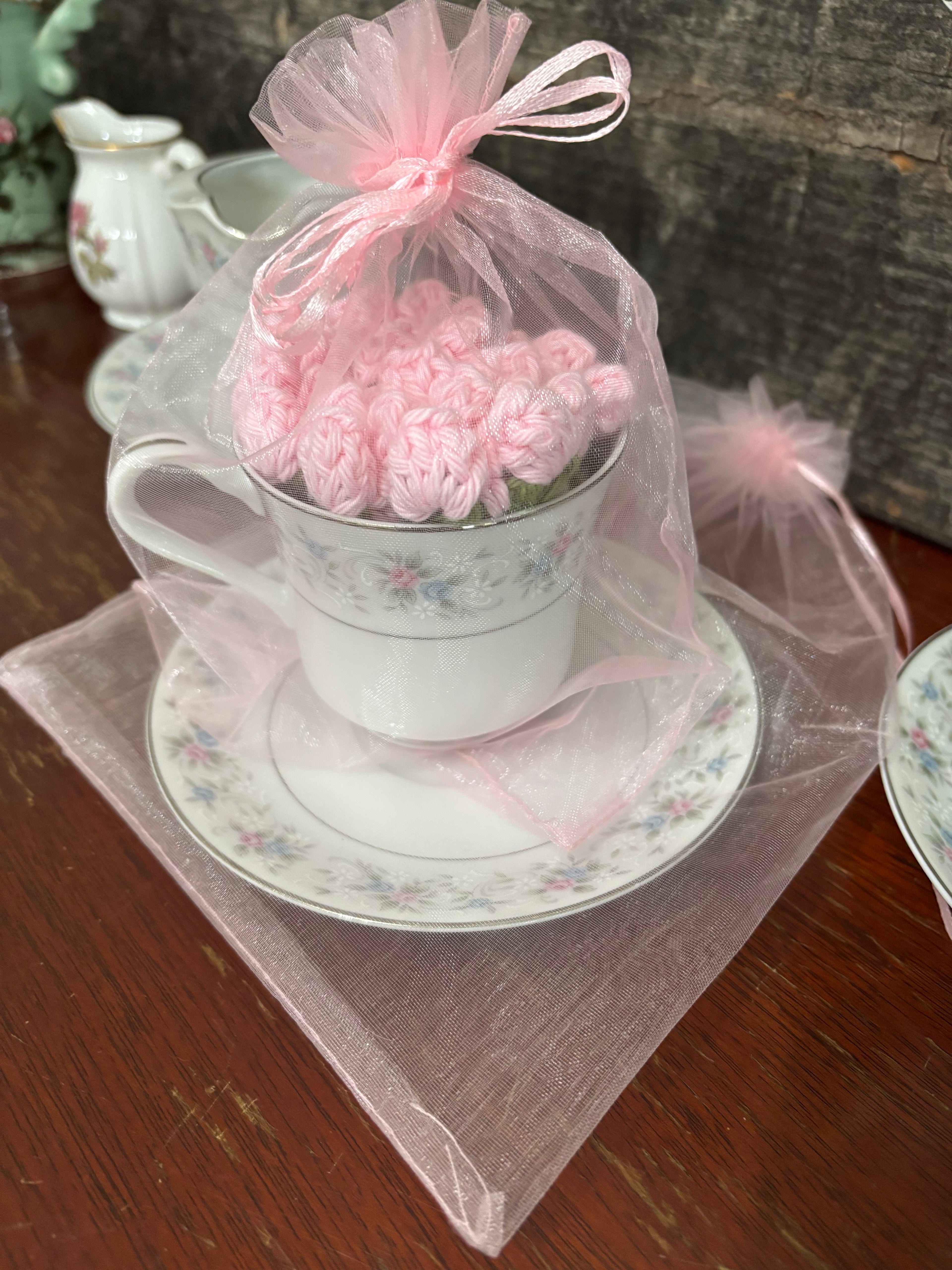 Hand Crochet Rose Bouquet Doily with China Cup & Saucer